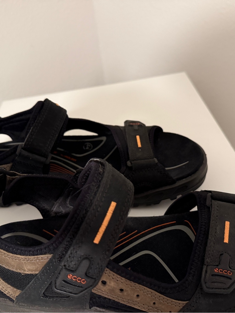 Ecco Men’s Black and Brown Sandals with Orange Accents